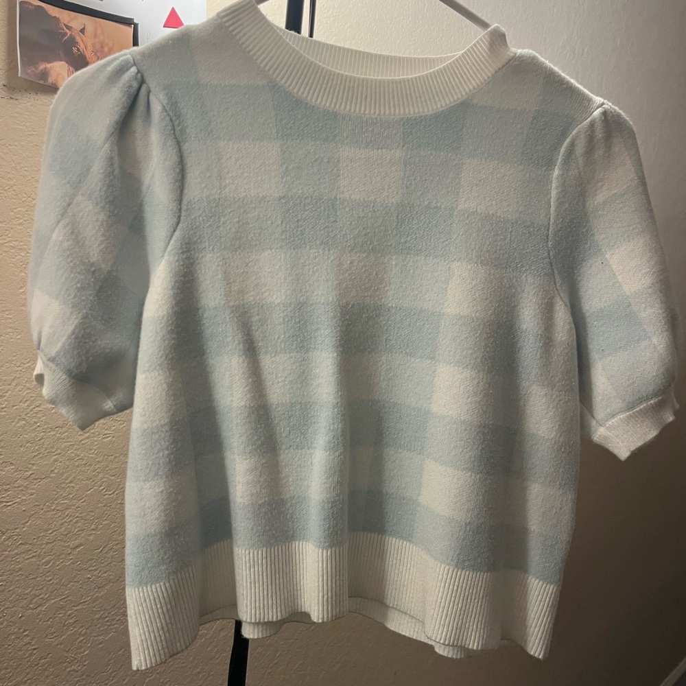 Jessica Simpson Light Blue and White Checkered Sweater